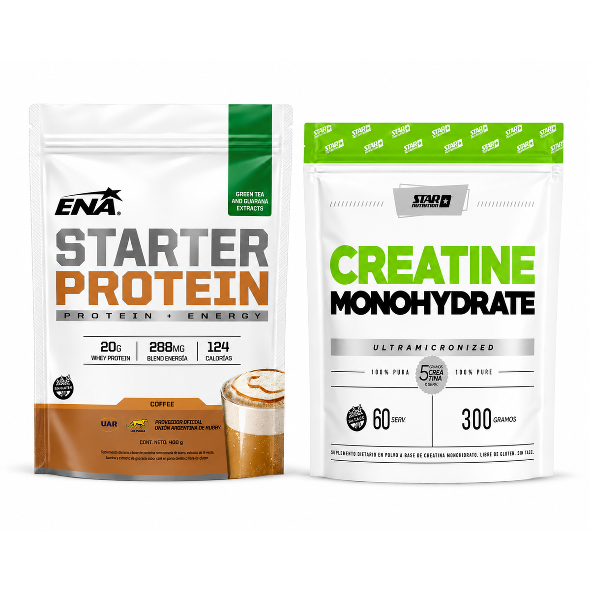 Proteina Ena Starter Protein 400g Sabor Café Con Leche + Creatina Monohidratada Star Nutrition 300 Gr - Doypack