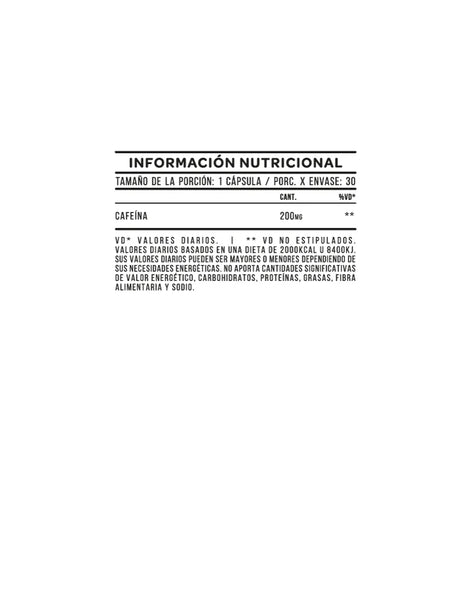 Caffeine 200 X 30caps. tabla nutricional