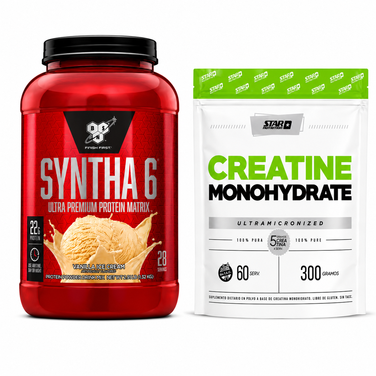 Proteina BSN Syntha-6 2.91 lb Sabor Vainilla + Creatina Monohidratada Star Nutrition 300 Gr - Doypack