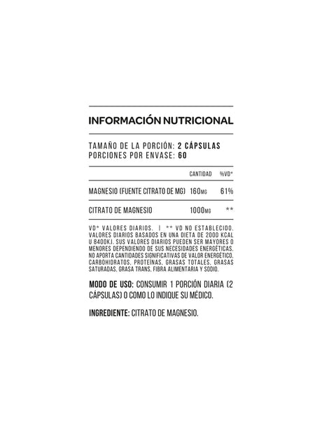 Magnesio 500 Mg X 60 Caps. tabla nutricional