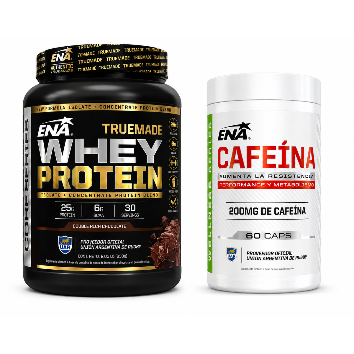 Whey Protein Ena Sport True Made 2 Lb Sabor Chocolate Double Rich Chocolate+ Cafeina Ena Sport 200 mg (60 Caps)